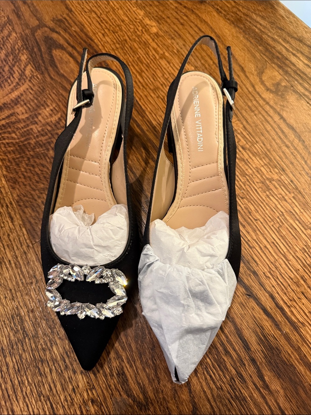 Adrienne Vittadini Black Pointed Toe Slingback heels with Crystal Buckle